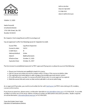 2025-2027 TX Approval - Log Home Inspection