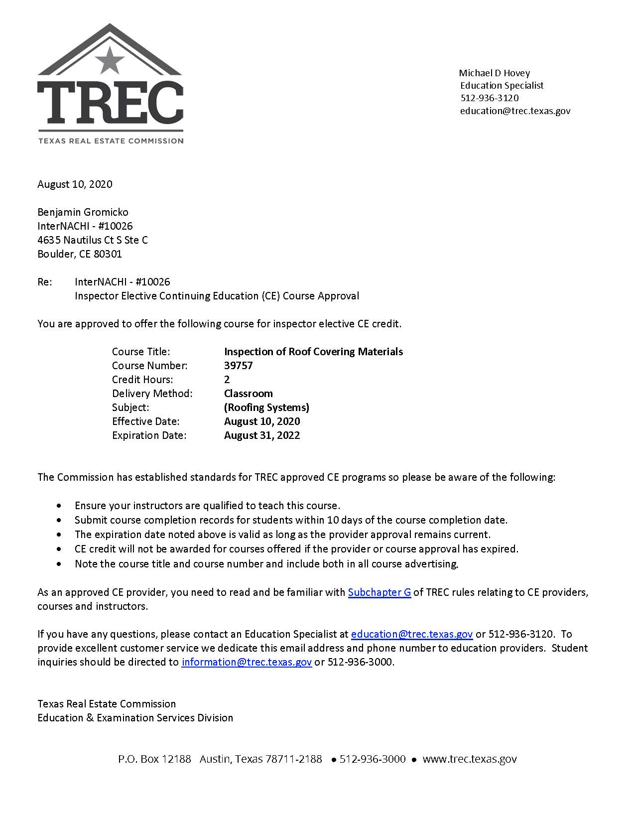 Texas Real Estate Commission Approves Inspection of Roof Covering Materials Class for the 2020