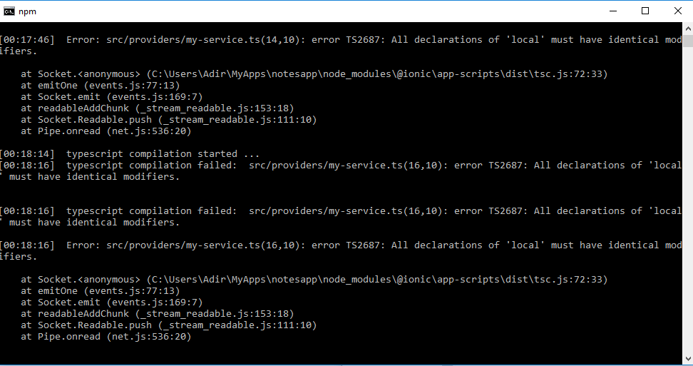 Error - all declarations of 'local must have identical modifers - ionic ...