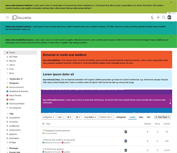 Demonstrating Notification Banners in all available regions; stacked and in carousel mode with various background colors