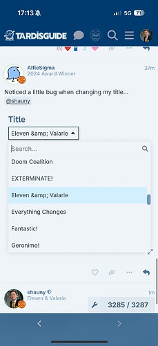 The image is a screenshot of a tweet by "AlfieSigma," a 2024 award winner, posting about a title bug issue on the TARDIS Guide app, and includes suggested edits for their title. (Captioned by AI)