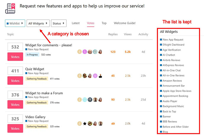 The image shows a feedback or suggestion platform where a category for "All Widgets" is selected from a dropdown menu. (Captioned by AI)