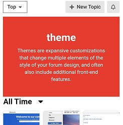 The image shows a screenshot of a web page with an interface element labeled "Top" and a "+ New Topic" button, above a highlighted definition of the word "theme," which explains that themes are expansive customizations that change multiple elements of a forum design and may include additional front-end features. (Captioned by AI)