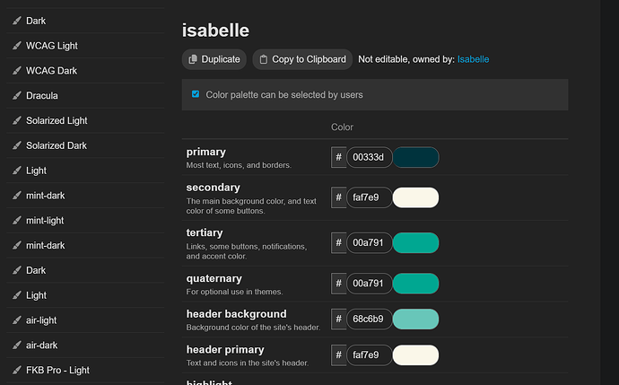The image displays a color palette selection interface for the Isabelle color theme, showcasing various color options categorized by primary, secondary, tertiary, quaternary, header background, and header primary. (Captioned by AI)