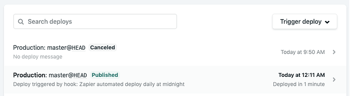 Screenshot of Deploys list with the latest deploy marked with a "Canceled" badge
