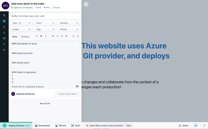 In the overlay, a form displays fields to create a new work item, with title, description, and additional metadata