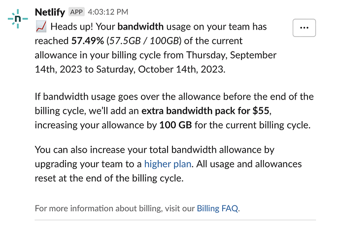 A Slack notification warning that bandwidth usage has reached 57.49%, and what to do about it