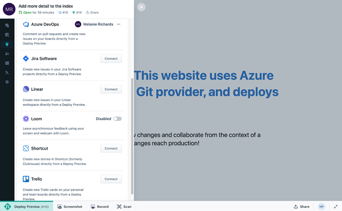 Integrations for Azure DevOps, Jira, Linear, Loom, Shortcut, and Trello