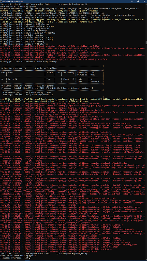 Seg Fault when running Python samples - Isaac Sim - NVIDIA Developer Forums