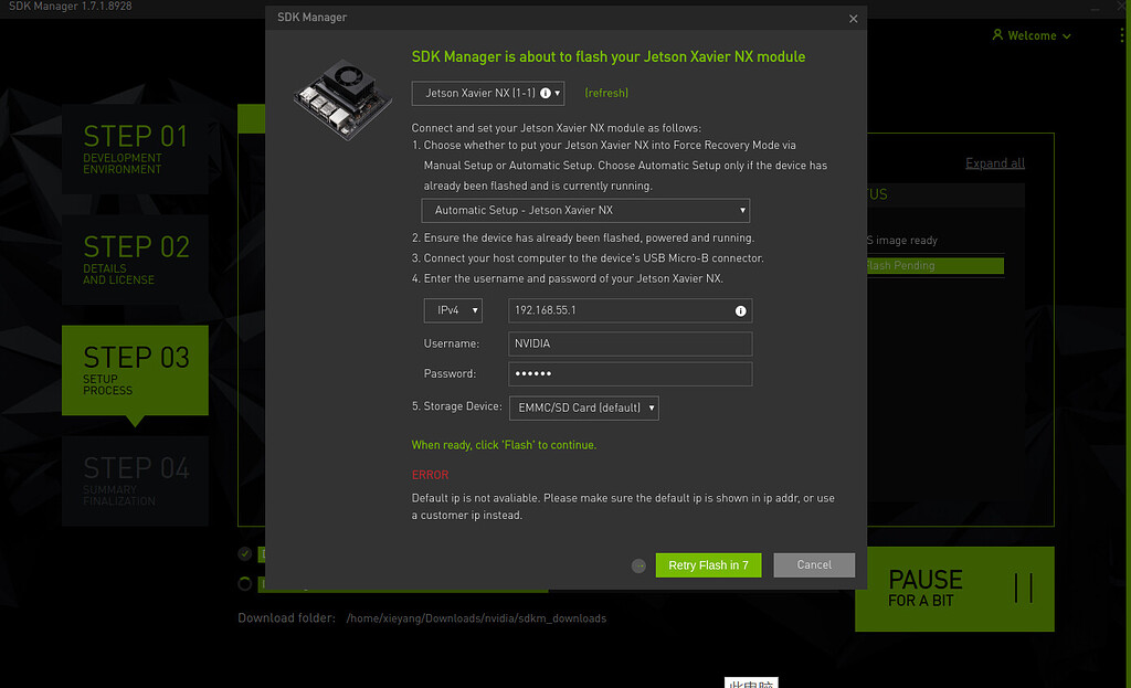 Flash Jetson Xavier NX by SDK managercannot connect to the device by