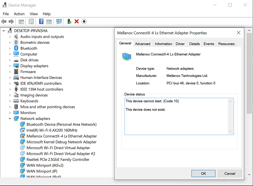 Windows 10 Pro Device Manager Error with ConnectX4 Lx NIC