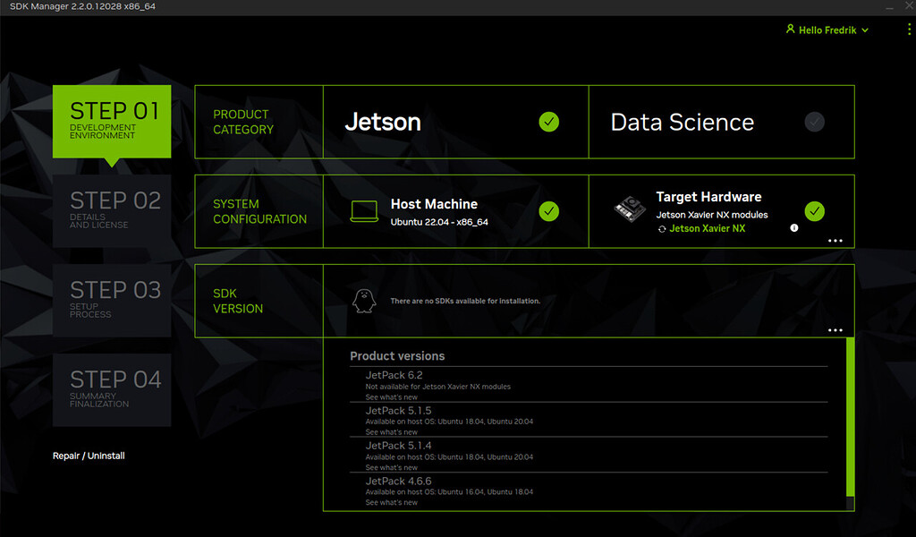 Using SDK Manager (latest) and try to install the latest Jetpack & OS ...
