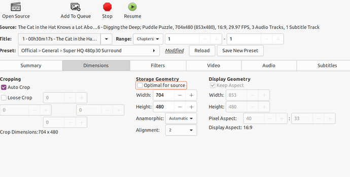 HandBrake Dimensions settings