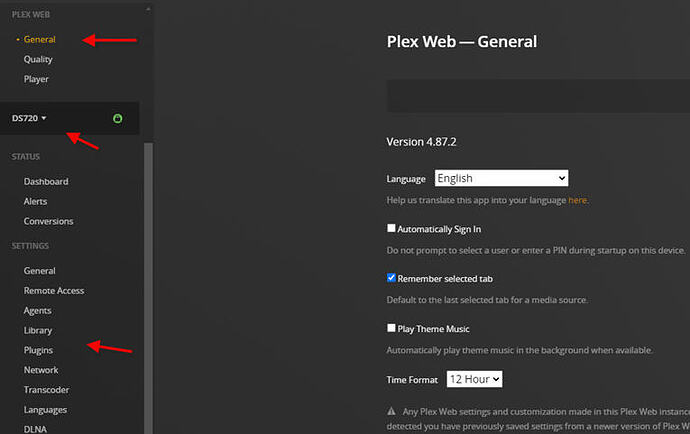 DS720 - Plex Web - General shows Plugins on left nav