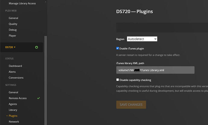 DS720 - plugins - shows enable iTunes plugin and XML path