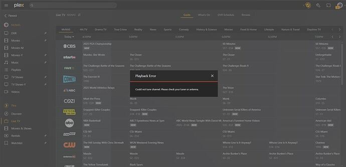 Plex Live TV Guide Select Channel 2.1 - Playback error