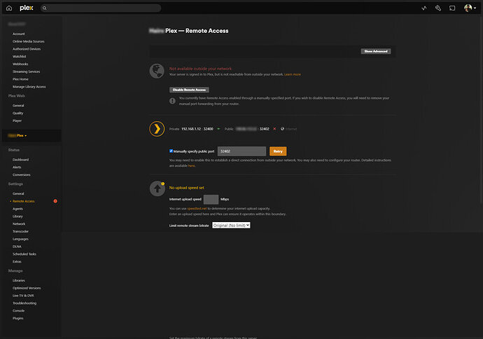 Plex Remote Access settings