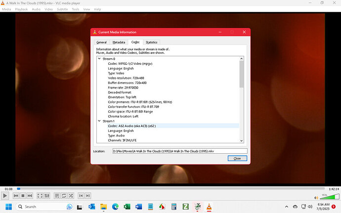 VLC report on A Walk In The Clouds mkv file