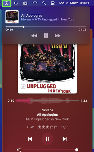 macOS menubar with "Now Playing" module