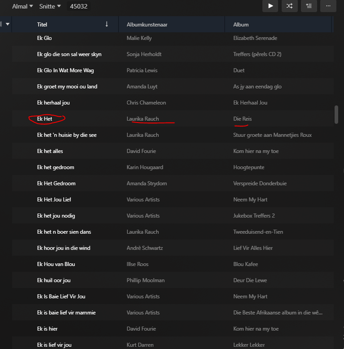 Server list of tracks