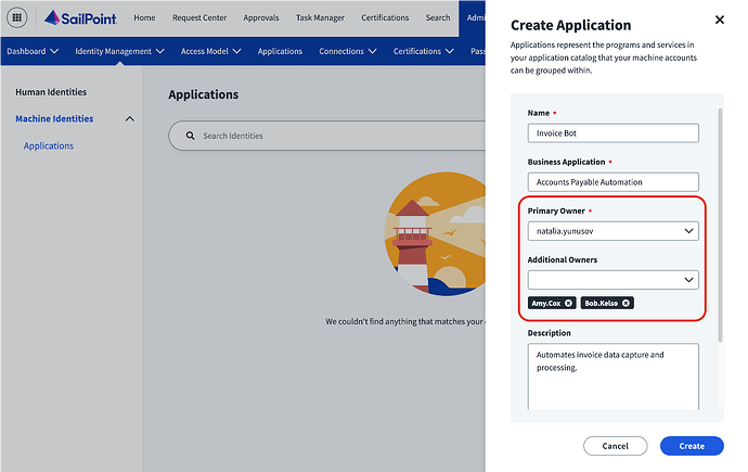 Create Application – Assigning Owners
