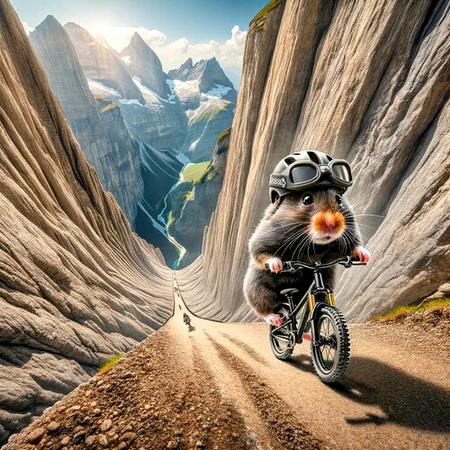 DALL·E 2023-12-15 08.29.41 - A tiny, brave black hamster equipped with a helmet and goggles is embarking on a daring descent down a near-vertical mountain bike trail. The trail is~2