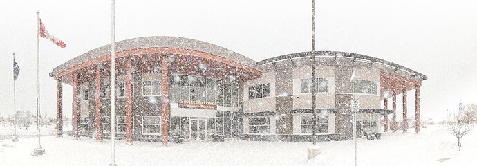 Municipal Building During Snowfall, Kinsmen Park, Strathmore, AB, 2022-12-17