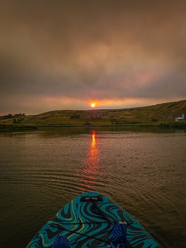 Paddling into the sun, Johnson's Island, Wyndham Carseland Provincial Park, AB, 2024-07-24