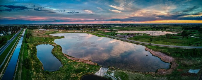 Aerial Panorama at Dusk, Gray's Pond,, Strathmore, AB, 2022-06-08