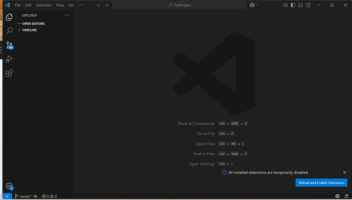 vsc 3 after File Open Folder TestProject