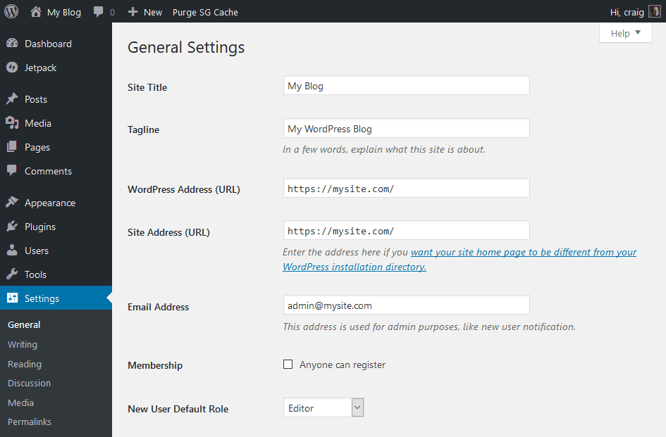 WordPress settings