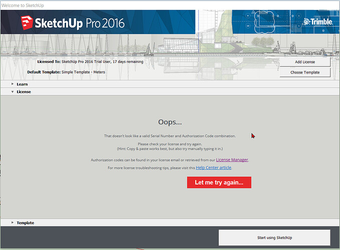 License_SketchUp Pro 2016 (17 days left in TRIAL)