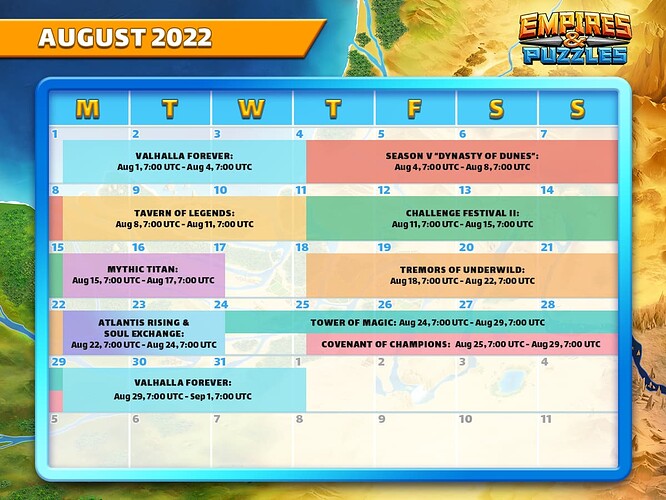 Empires & Puzzles Calendar Aug 2022