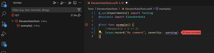 VSCode reports the warning as a test failure