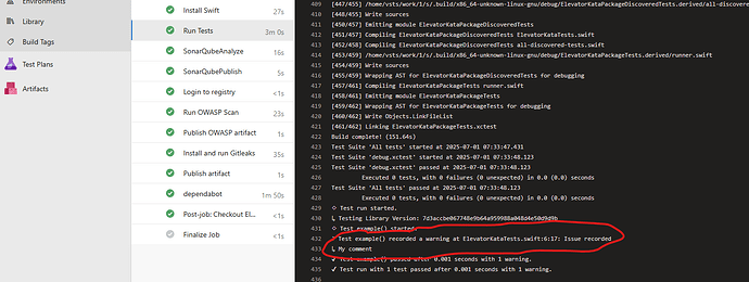 Azure DevOps reports passed tests and shows the warning in the log