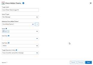 Cisco Webex Teams trigger configuration