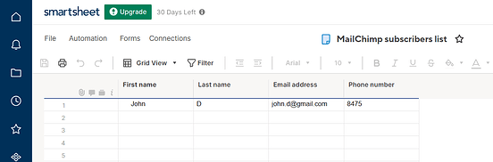 Smartsheet spreadsheet