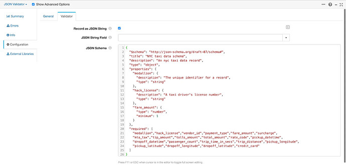 Configuration of JSON Validator Processor in Example Pipeline