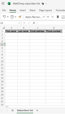 Excel Online spreadsheet