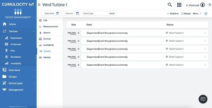 Figure 3: Events listed on Cumulocity captured by the EPL App