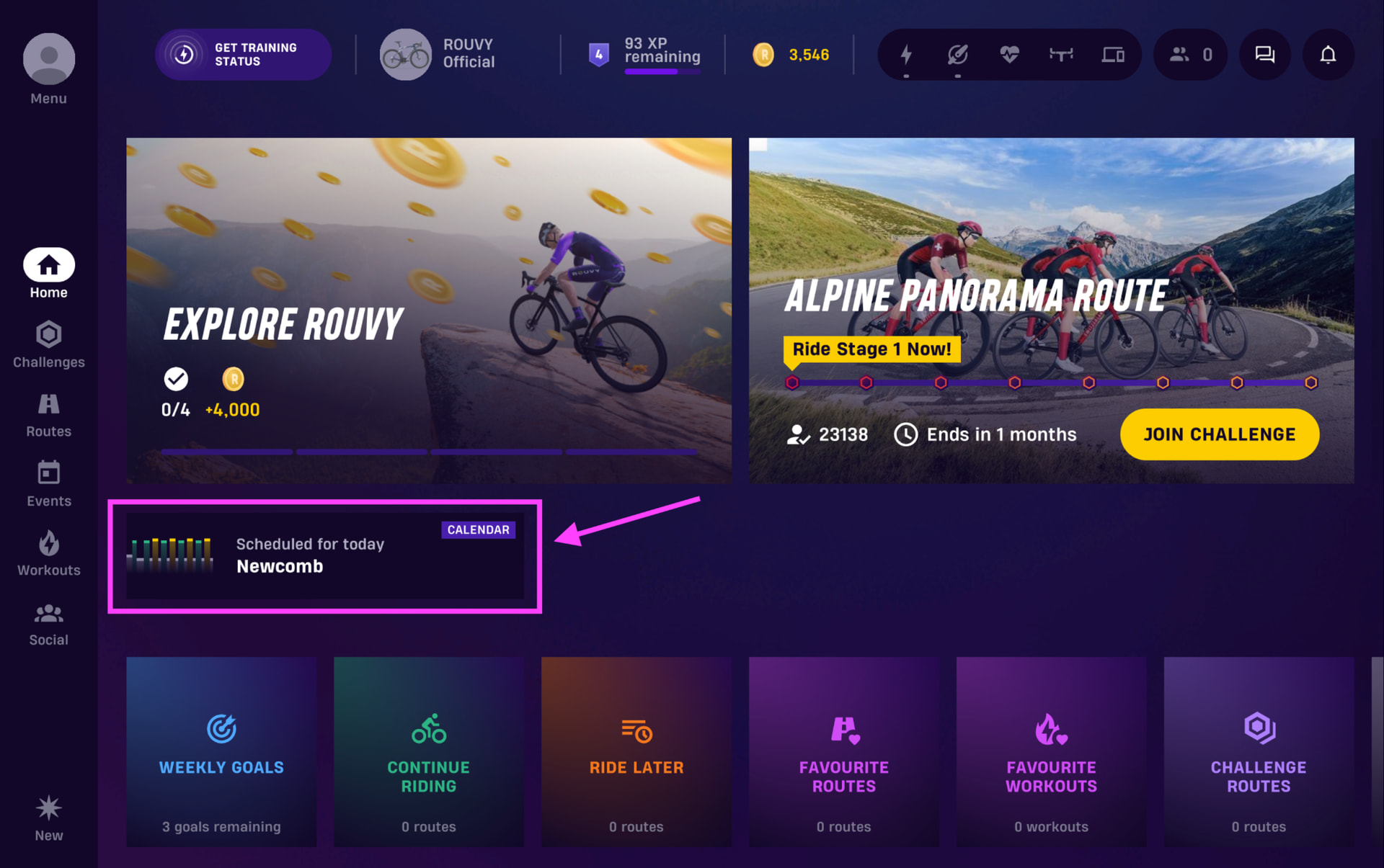 The ROUVY Home screen with the day's TrainerRoad workout featured near the top