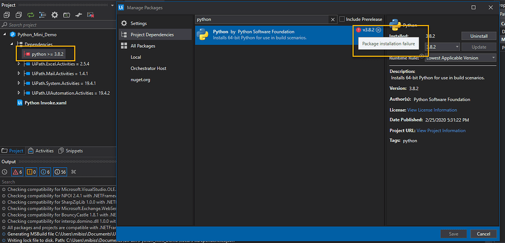 Which Packages do I need to download to enable UiPath.Python.Activities ...