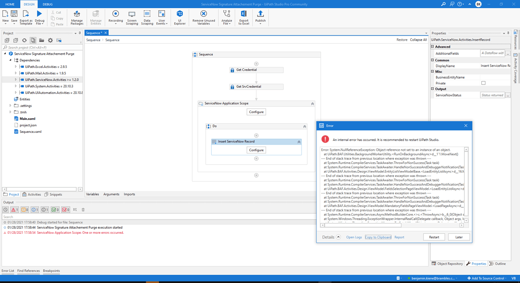 Internal error message when trying to configure an Insert ServiceNow ...