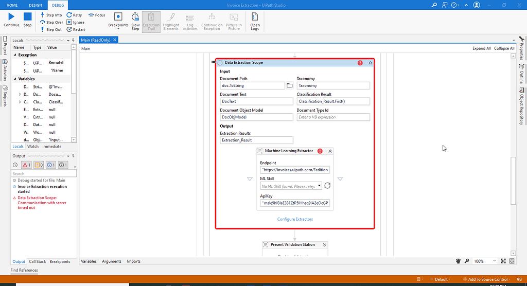 ML Extractor Communication with server timed out Document