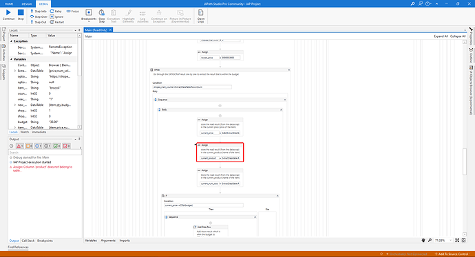 Assign Column 'product' does not belong to table .
