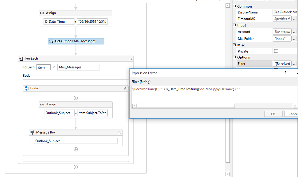 Get outlook Mail Message Date with Time Filter Help UiPath