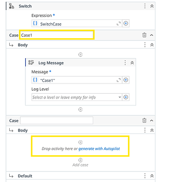 The image showcases a structured flow diagram from a software interface, illustrating a 'Switch Case' workflow with distinct cases and log message configurations. (Captioned by AI)