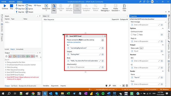 The image shows the UiPath Studio Community interface with a highlighted "Send SMTP Email" activity where the process has failed with an "Object reference not set to an instance of an object" error. (Captioned by AI)
