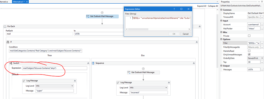 Using Switch activity to verify emails with subject type string ...
