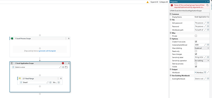 This image shows a UiPath workflow with two activities: an "Excel Process Scope" activity followed by an "Excel Application Scope" activity, which contains a "Read Range" activity, and the properties panel for the "Excel Application Scope" is visible on the right. (Captioned by AI)
